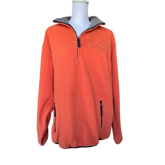 Devon & Jones Men's Sz Large Fleece Sweater Orange 2 Pockets 1/4 Zip Husky Dog - Picture 3 of 11